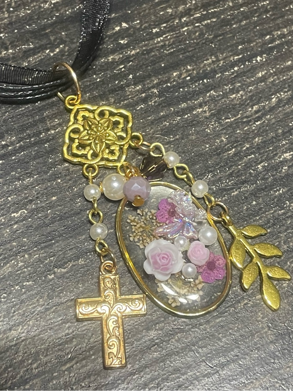 Hand Crafted Gold Floral Cross Pendant Necklace with Pink Rose Accents - Picture 3 of 4